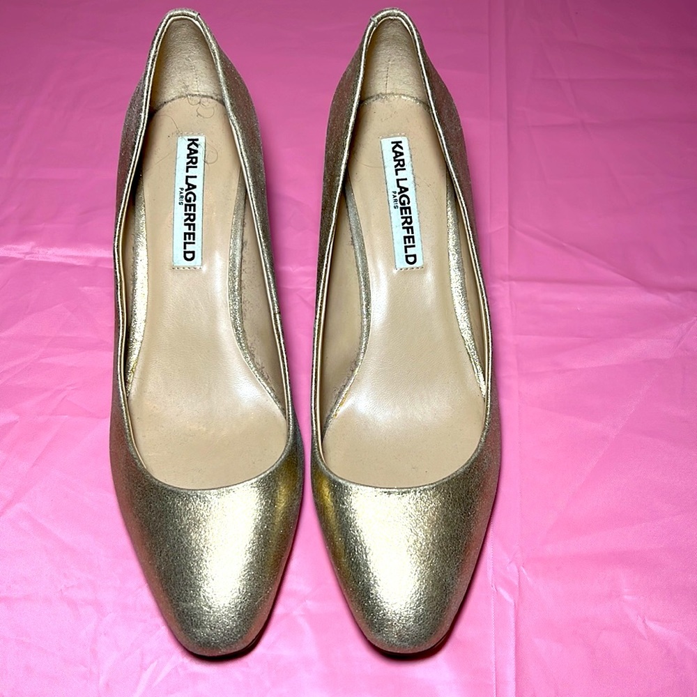 Designer Karl Lagerfeld Gold Distressed Leather Heels